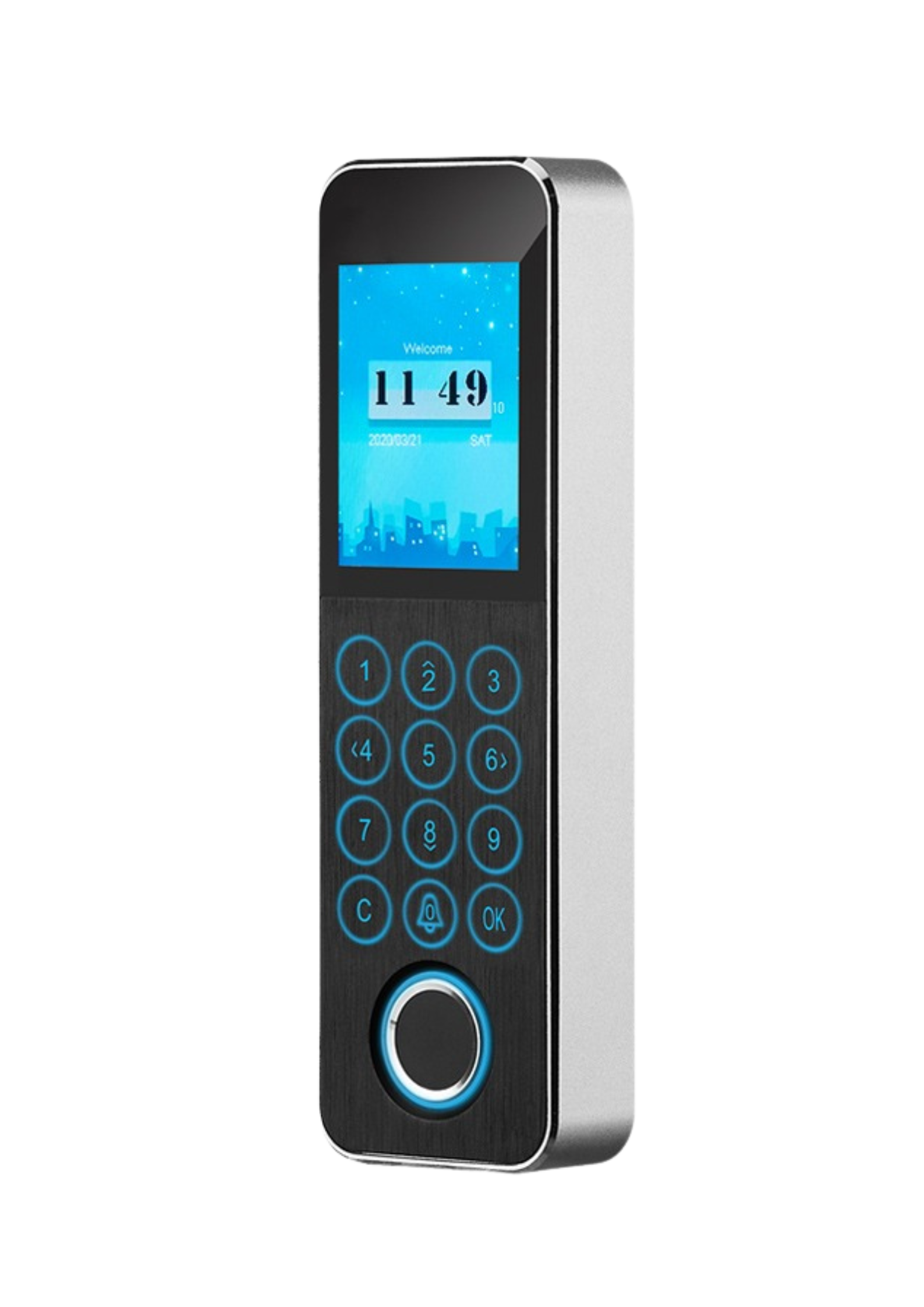 Slim keypad-based access control device with digital display and RFID touch button