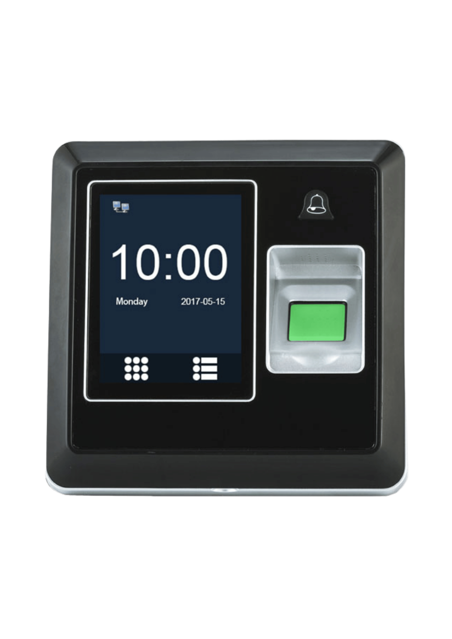 Aura F8A biometric attendance and access control device with fingerprint scanner, PIN keypad, and card reader